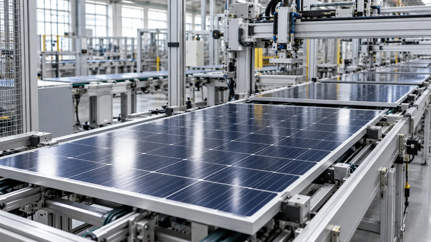 Fabrika içindeki taşıma hattında sıralanan güneş panelleri ve üretim ekipmanları