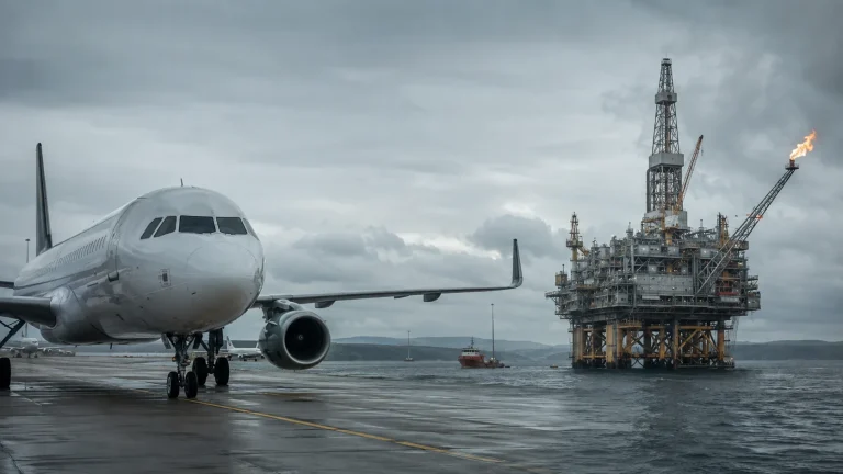 Havalimanındaki yolcu uçağı ile Kuzey Denizi'ndeki petrol platformunu aynı kadrajda gösteren editoryal görsel
