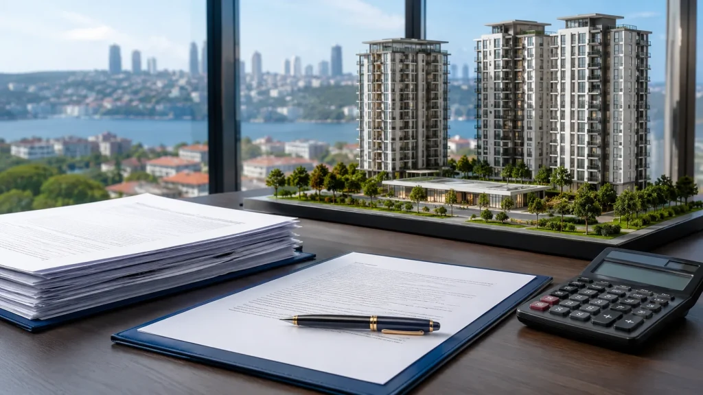 İstanbul’daki konut projesi maketi yanında sermaye artırımı belgeleri ve hesap makinesi
