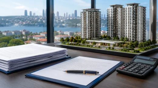 İstanbul’daki konut projesi maketi yanında sermaye artırımı belgeleri ve hesap makinesi