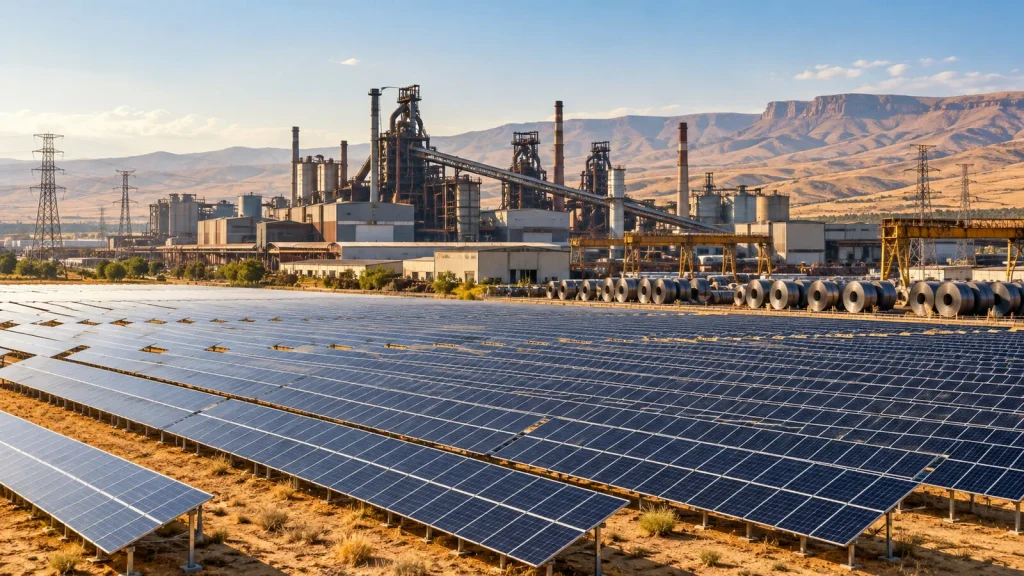 Çelik tesisi önünde geniş güneş enerjisi santrali