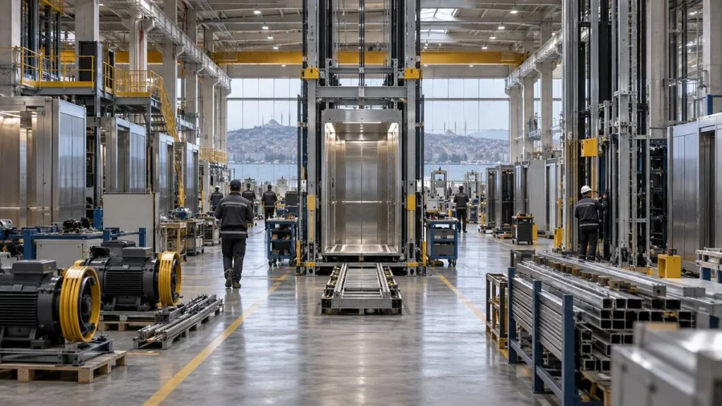 Modern bir asansör üretim tesisindeki üretim hattı