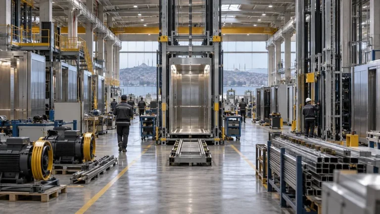 Modern bir asansör üretim tesisindeki üretim hattı