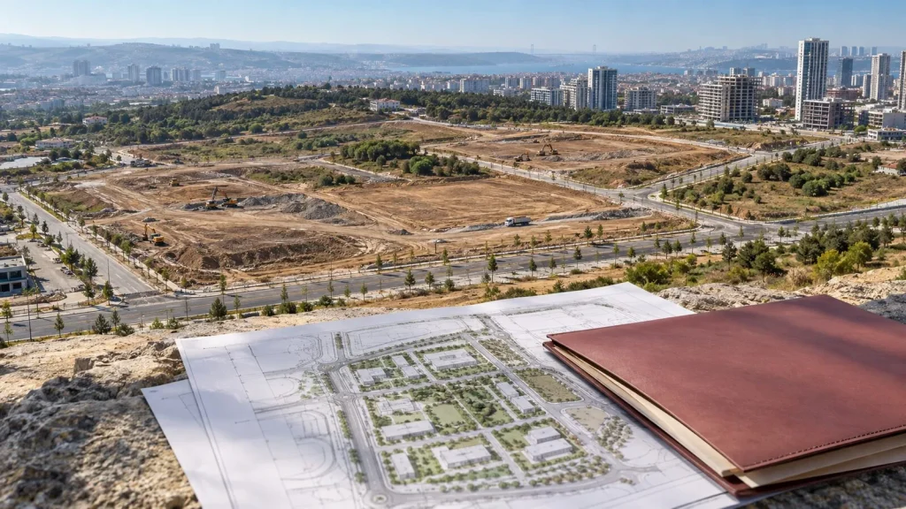 Geniş bir kentsel gelişim arazisi, proje planları ve tapu dosyası