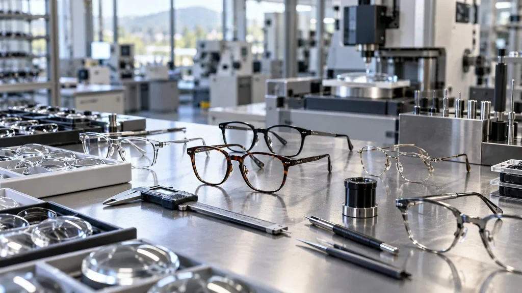 Gözlük üretim masasında çerçeveler, optik mercekler ve inceleme ekipmanları