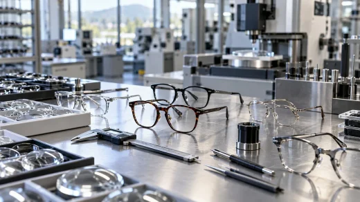 Gözlük üretim masasında çerçeveler, optik mercekler ve inceleme ekipmanları