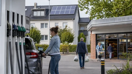 Avrupa kentinde akaryakıt istasyonu ve market alışverişi yapan tüketiciler