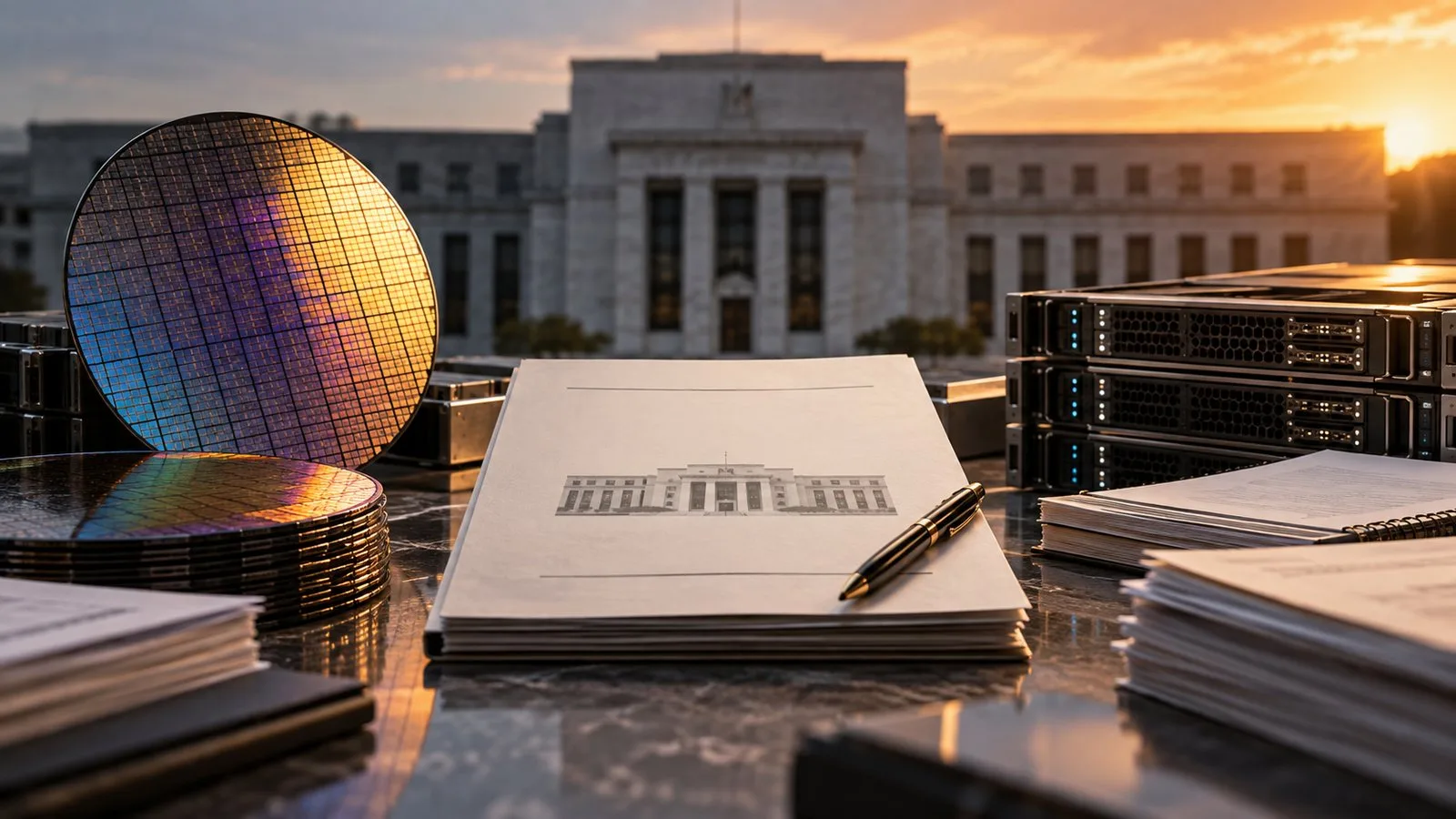 Merkez bankası binası önünde yarı iletken plakalar, sunucular ve para politikası belgeleri