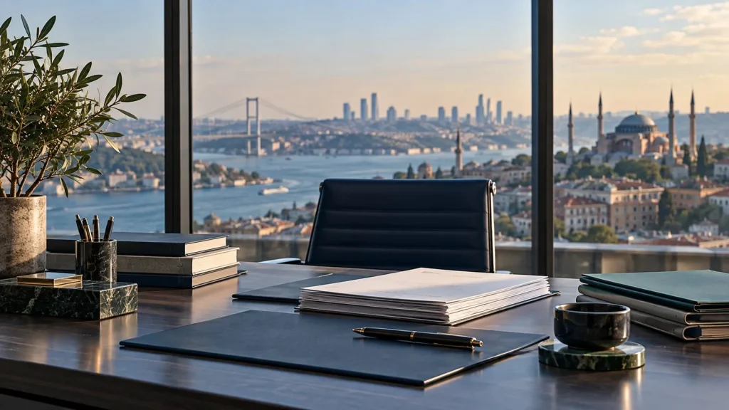 İstanbul manzaralı bir finans ofisinde analiz dosyaları