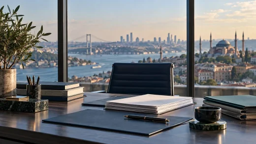 İstanbul manzaralı bir finans ofisinde analiz dosyaları