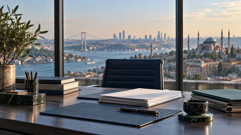 İstanbul manzaralı bir finans ofisinde analiz dosyaları