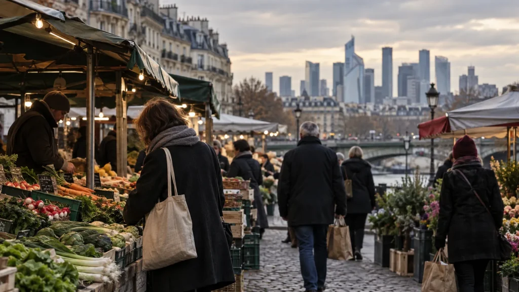Paris'te açık hava pazarında alışveriş yapan tüketiciler ve arka planda La Défense iş bölgesi