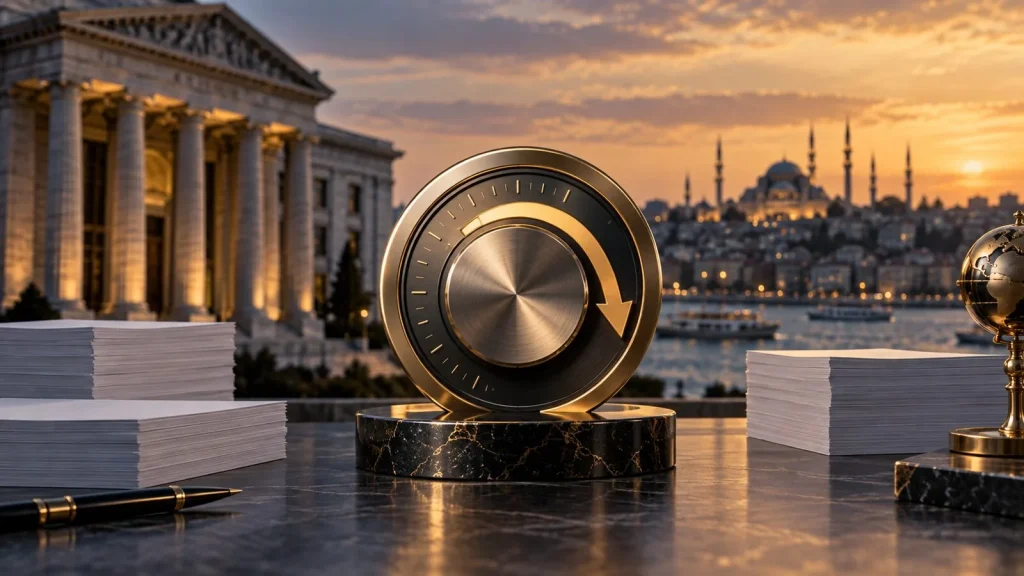 İstanbul manzarası önünde aşağı yönlü faiz ayarını simgeleyen metal kadran