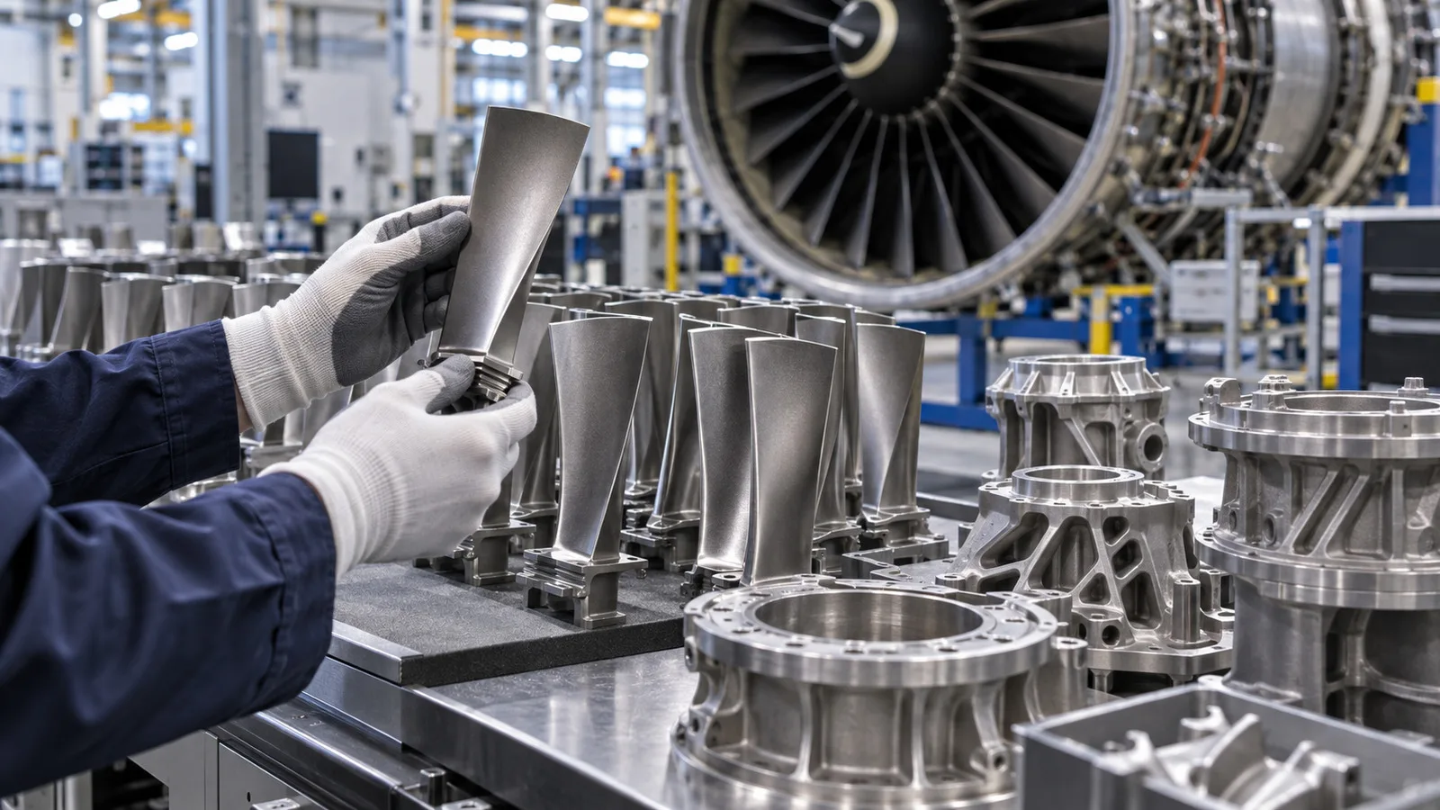 Uçak motoruna ait hassas metal türbin parçalarının incelendiği modern üretim hattı