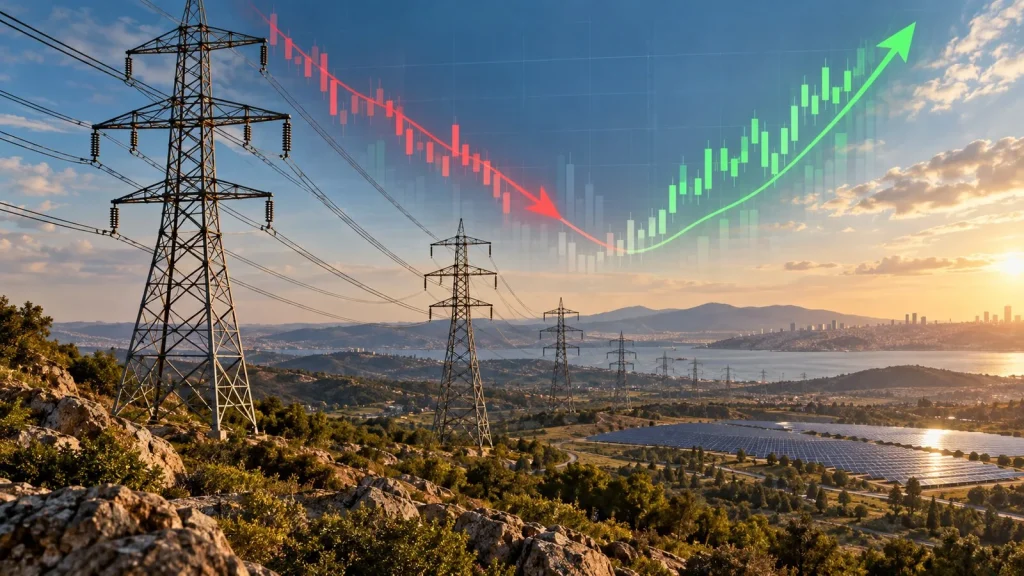 Enerji nakil hatları ve kırmızıdan yeşile dönen borsa grafiği