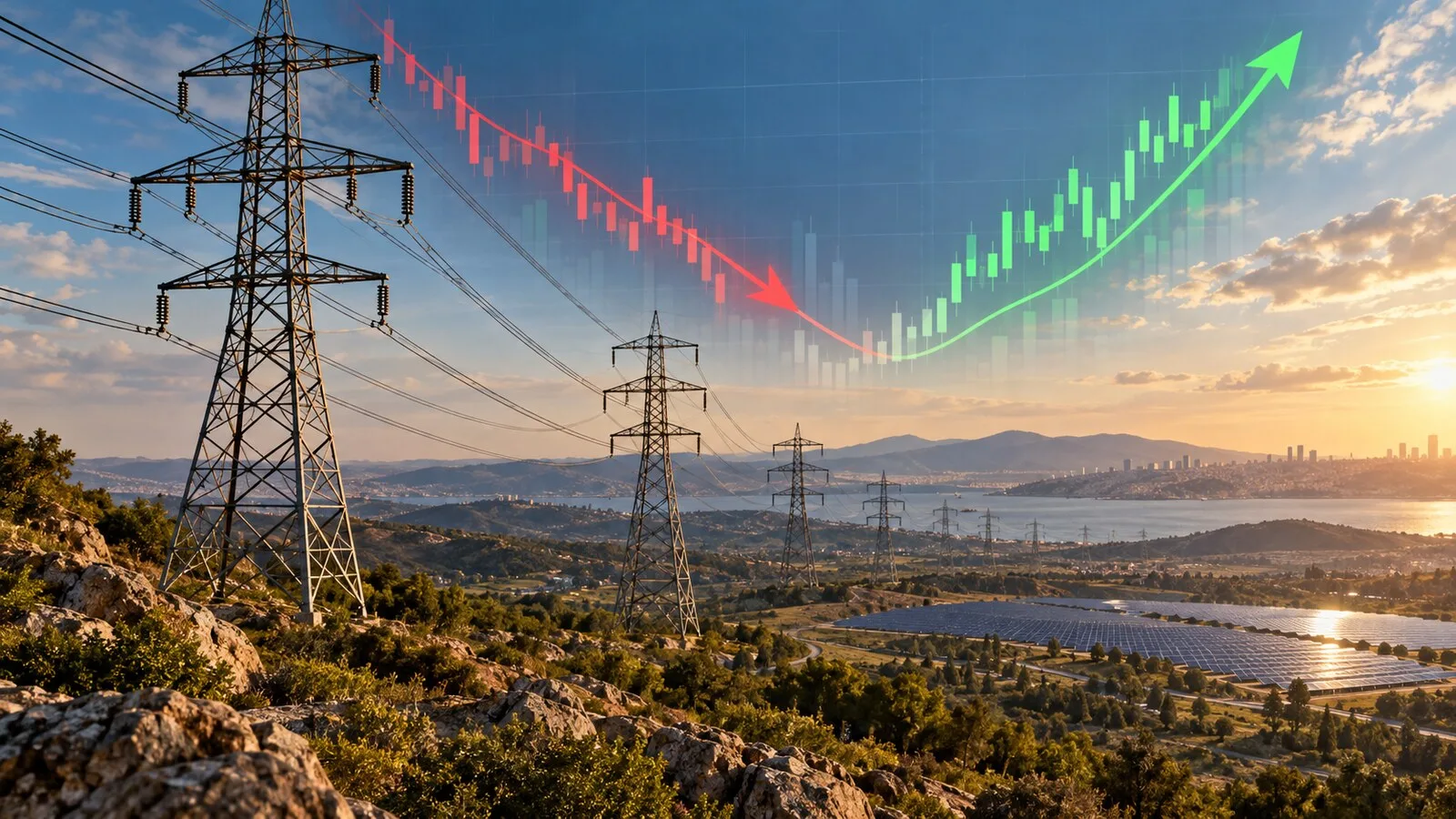 Enerji nakil hatları ve kırmızıdan yeşile dönen borsa grafiği