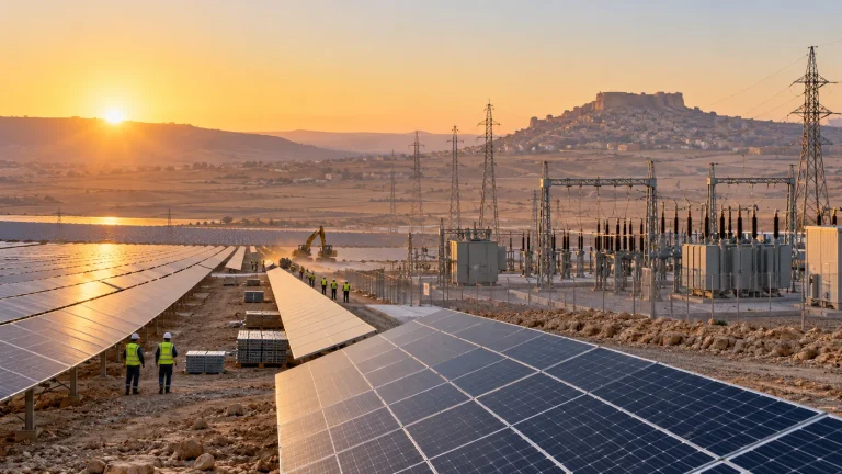 Mardin yakınlarında yapımı süren güneş enerjisi santrali ve elektrik altyapısı