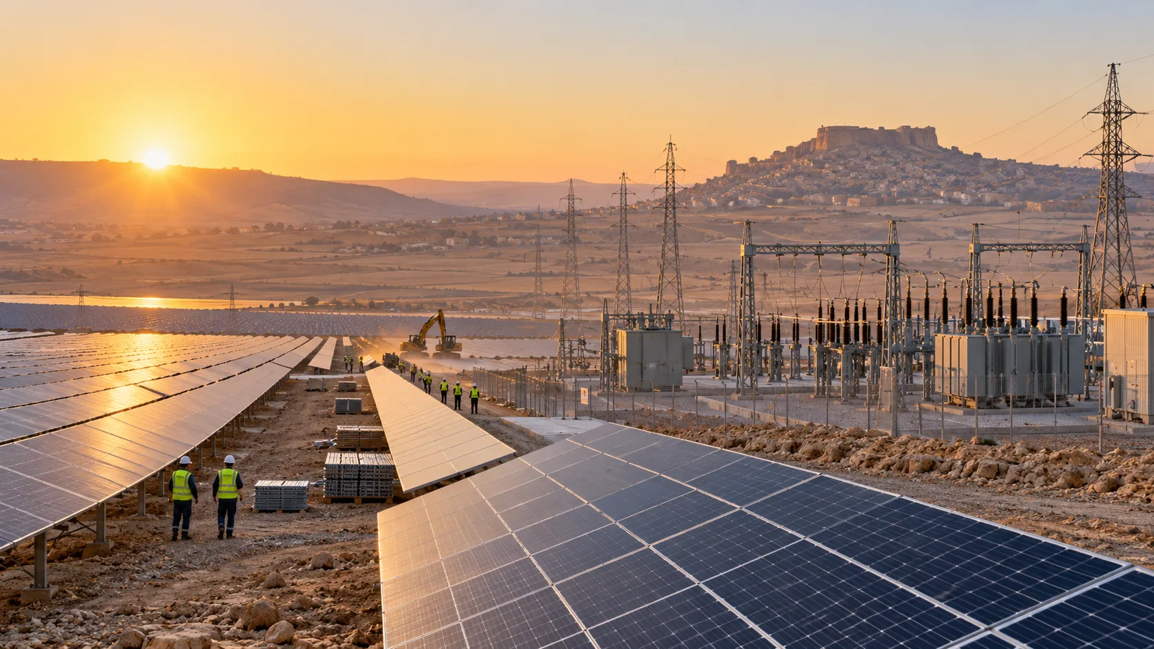 Mardin yakınlarında yapımı süren güneş enerjisi santrali ve elektrik altyapısı