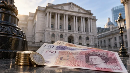 İngiliz sterlini banknotları önünde merkez bankası binası