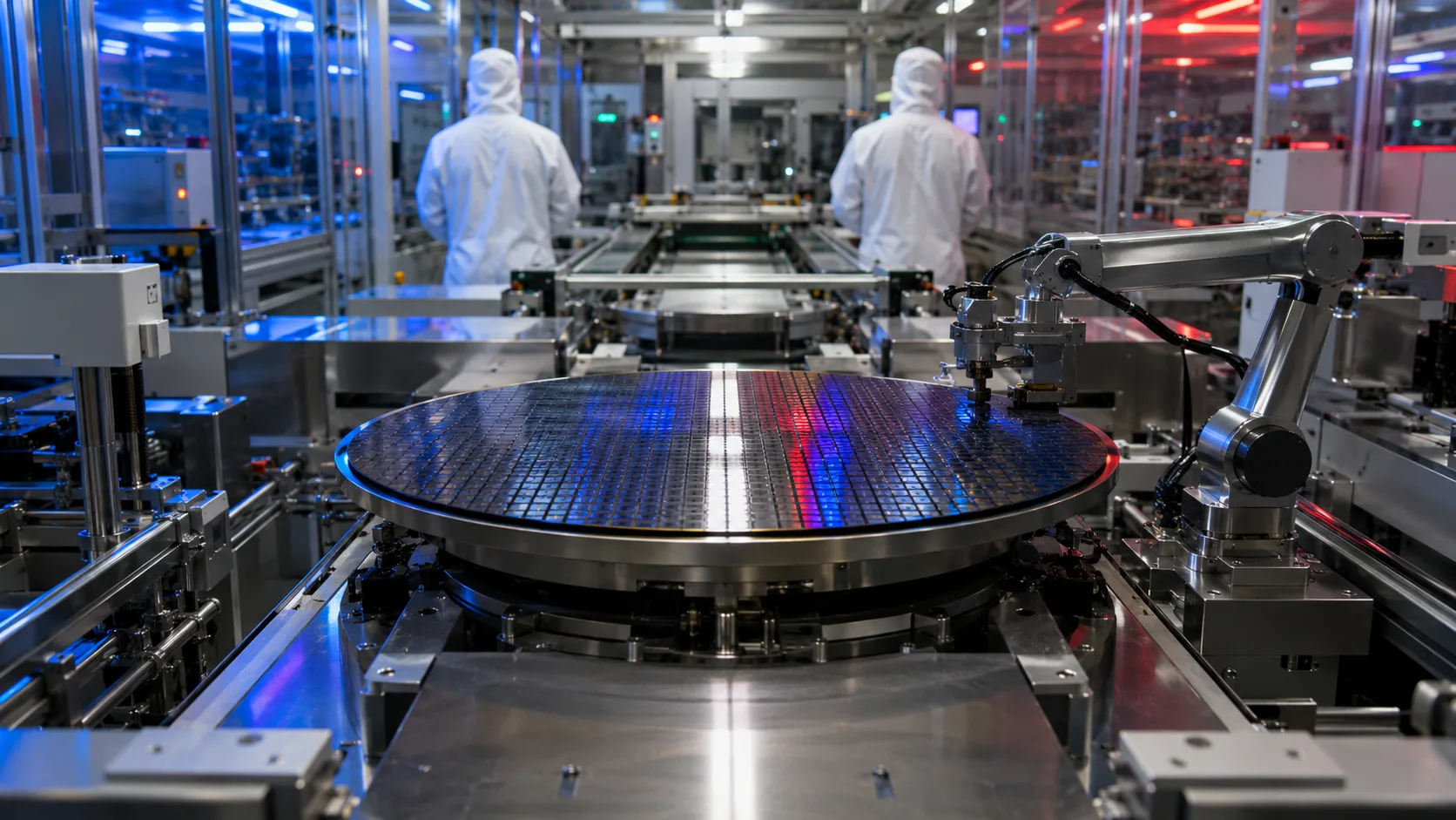 Temiz oda içindeki yarı iletken üretim hattında silikon plaka taşıyan robotik ekipman