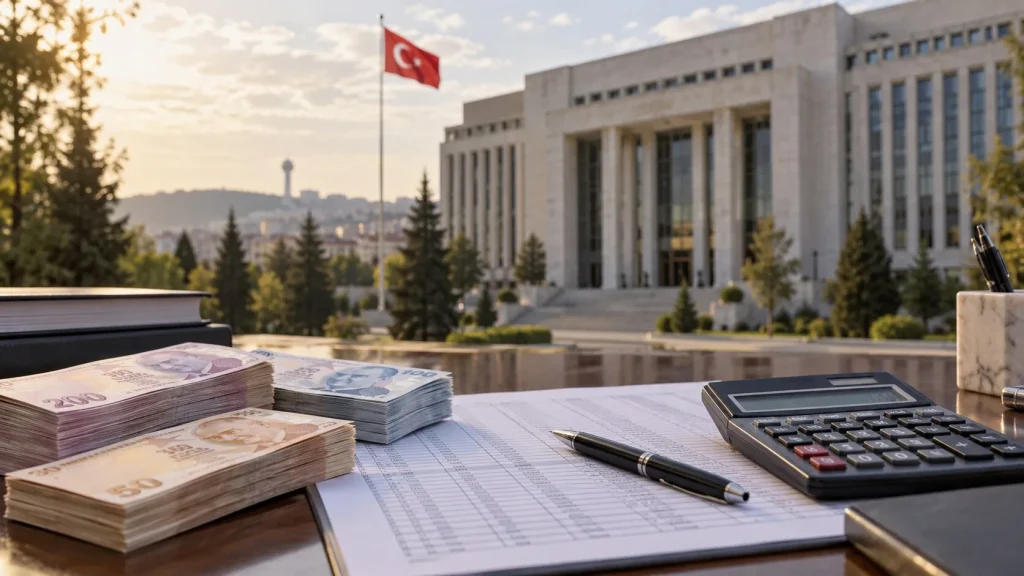 Ankara'da kamu maliyesini temsil eden hesap belgeleri, Türk lirası banknotları ve Hazine binasının dış görünümü