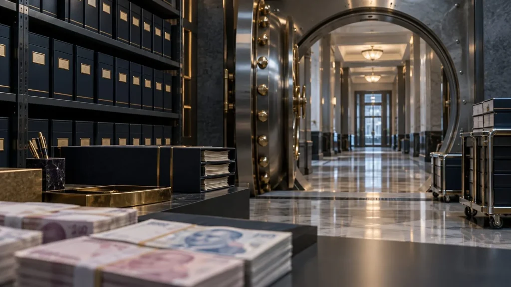 Yatırım fonlarının saklama ve tasfiye sürecini temsil eden güvenli finans arşivi