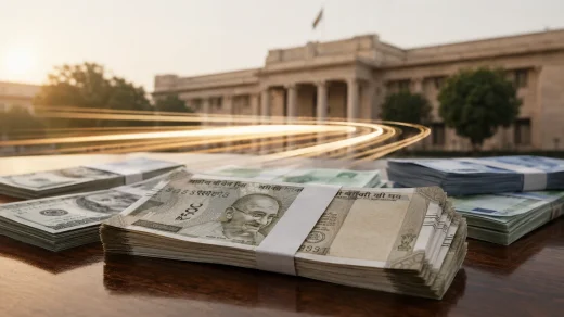 Hindistan rupisi banknotları ile merkez bankası binasını çağrıştıran kurumsal yapı