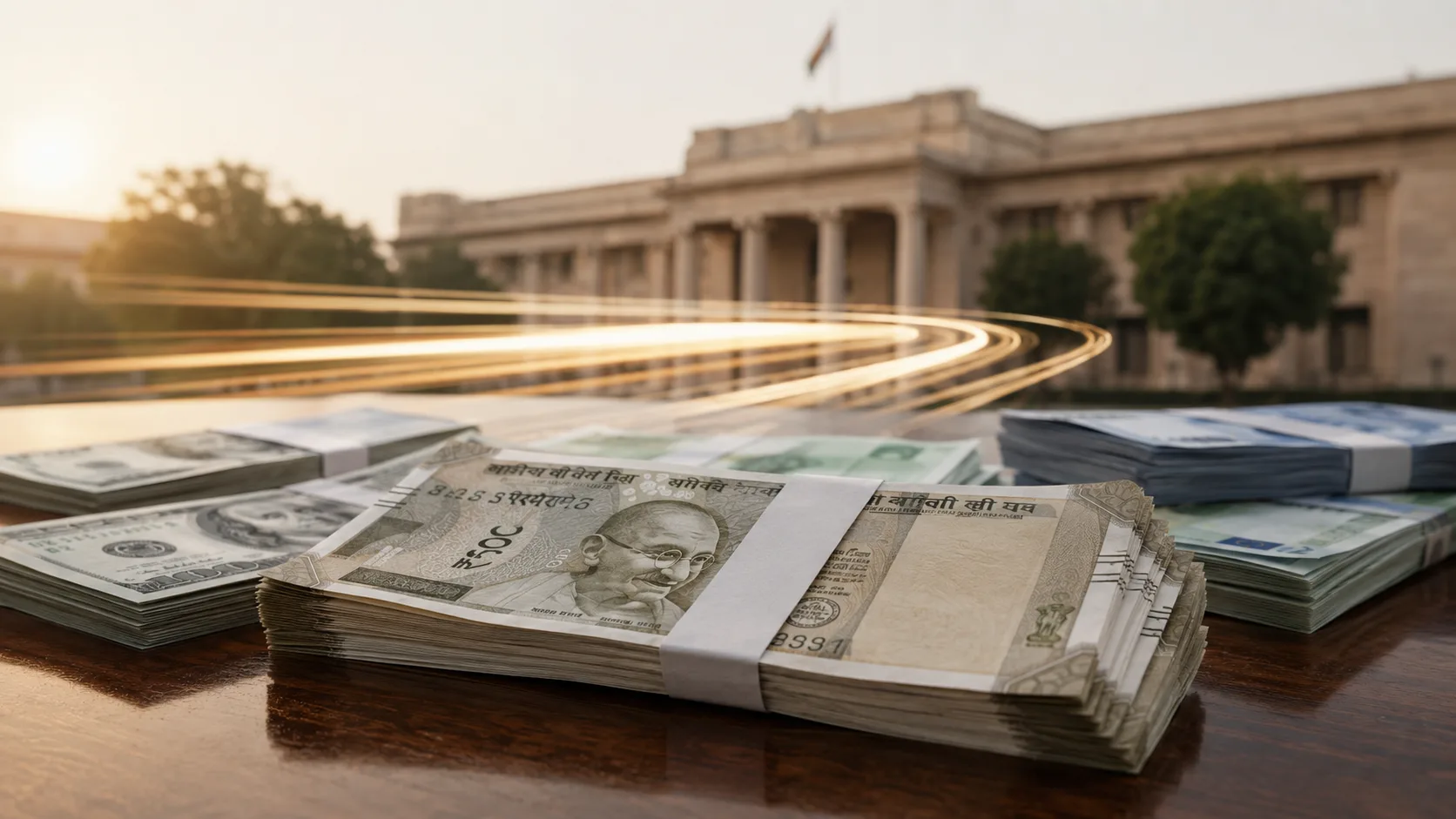 Hindistan rupisi banknotları ile merkez bankası binasını çağrıştıran kurumsal yapı