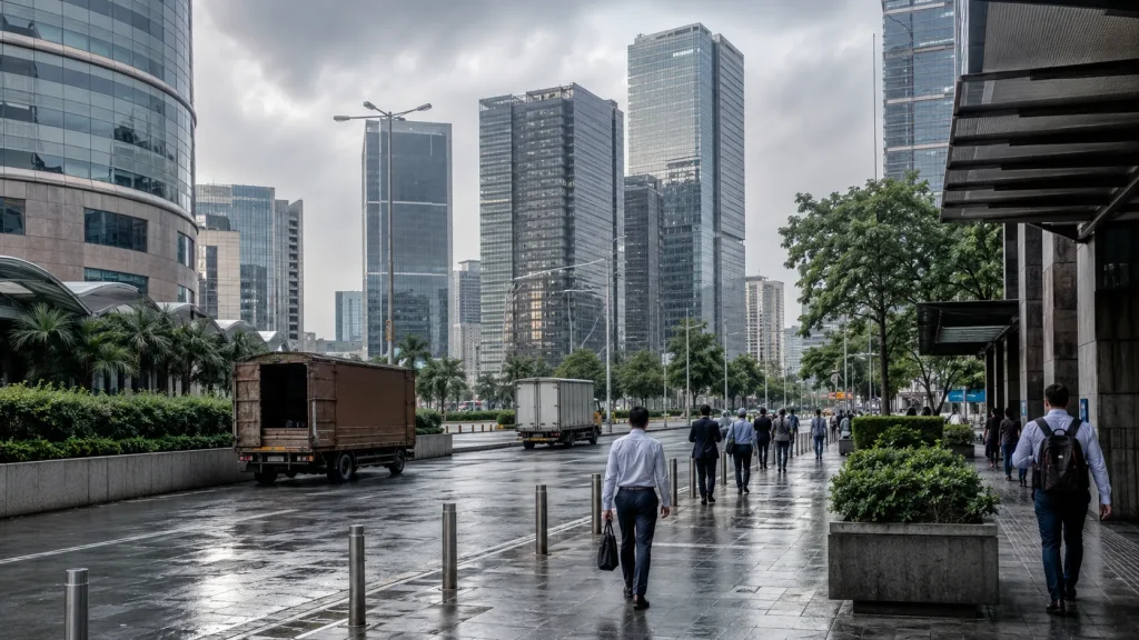 Mumbai iş merkezinde ofis binaları, ticari ulaşım ve yüzleri seçilmeyen çalışanların yer aldığı yoğun sabah görünümü