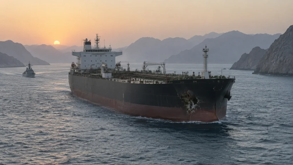 Dar deniz geçidinde ilerleyen ve pruvasında hasar görülen büyük tanker