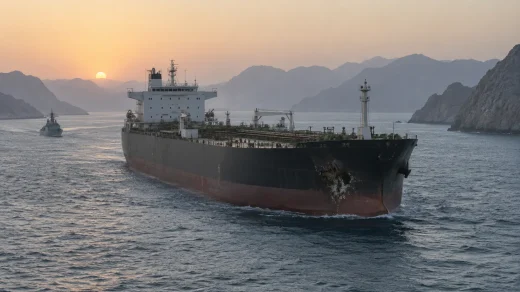 Dar deniz geçidinde ilerleyen ve pruvasında hasar görülen büyük tanker