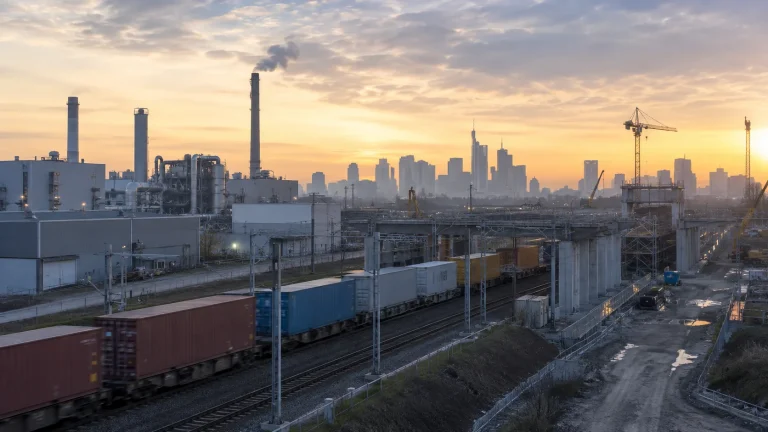 Frankfurt kent silüeti önünde sanayi tesisleri ve yük trenleri