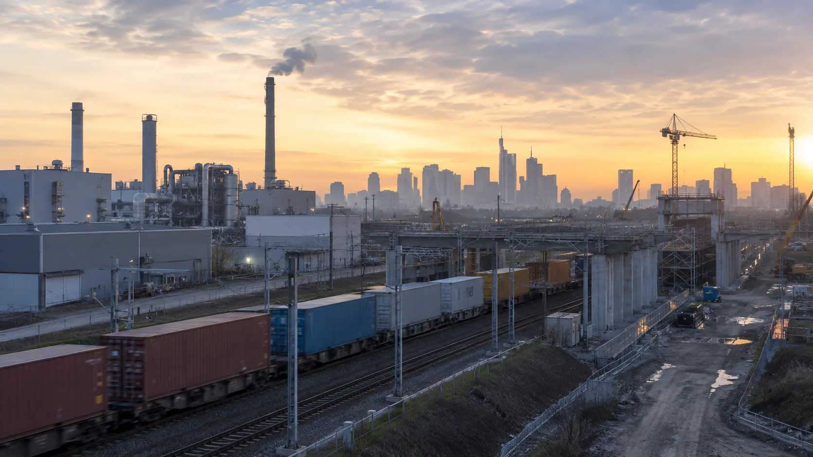 Frankfurt kent silüeti önünde sanayi tesisleri ve yük trenleri