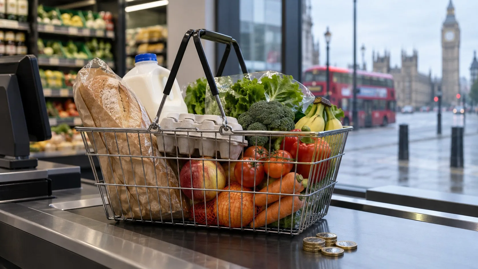 Londra manzarası önünde ekmek, süt, yumurta ve sebzelerle dolu market sepeti