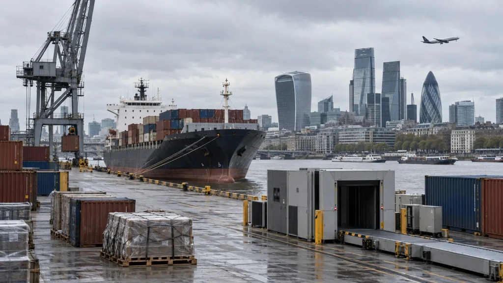Londra finans bölgesi önünde yük gemisi ve uçak siluetleriyle yaptırım kapsamını anlatan fotoğraf