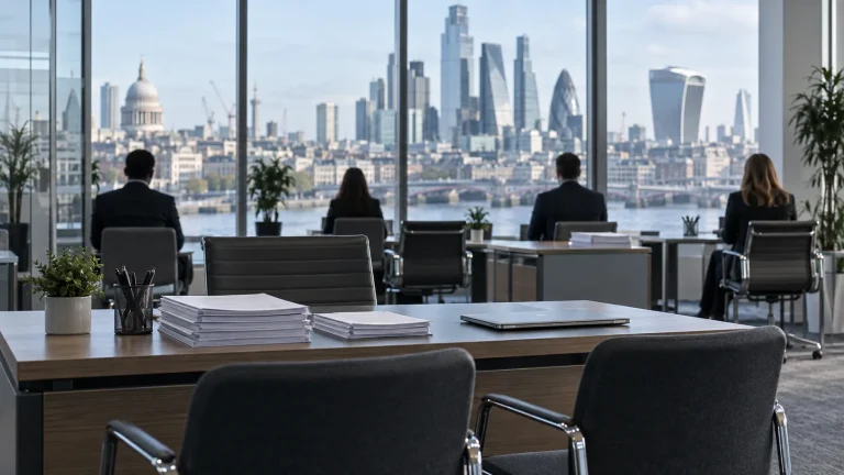 Londra silüeti önünde boş mülakat masaları ve özgeçmiş dosyaları