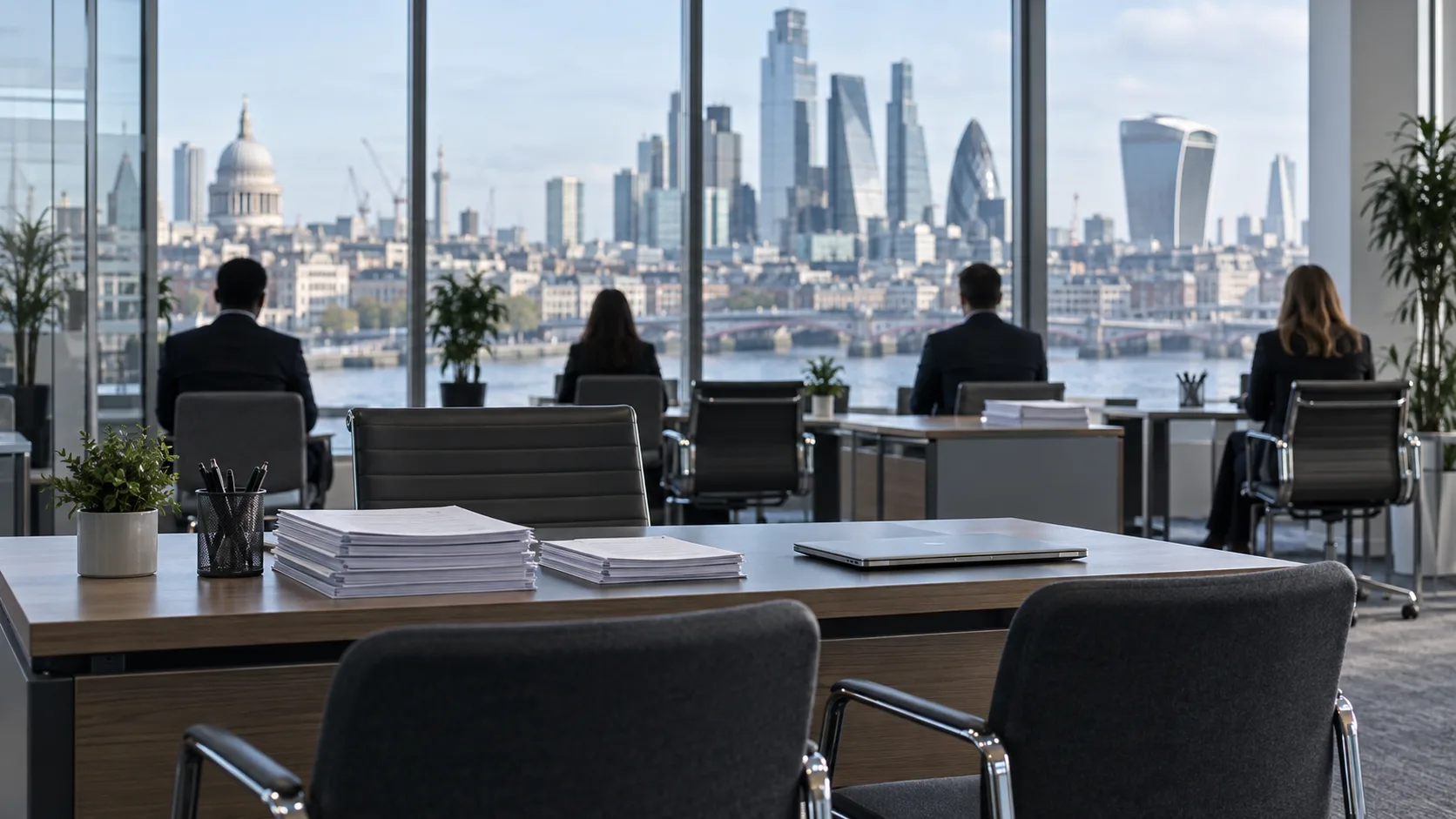 Londra silüeti önünde boş mülakat masaları ve özgeçmiş dosyaları