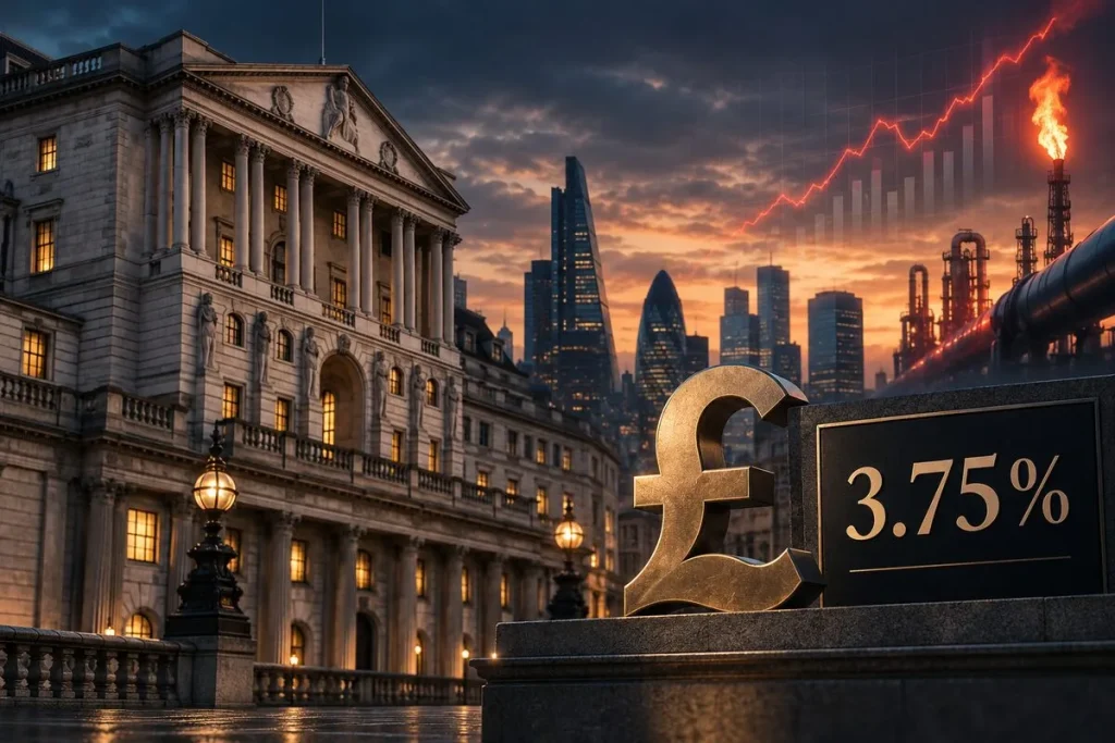 İngiltere Merkez Bankası binası önünde yüzde 3,75 faiz göstergesi