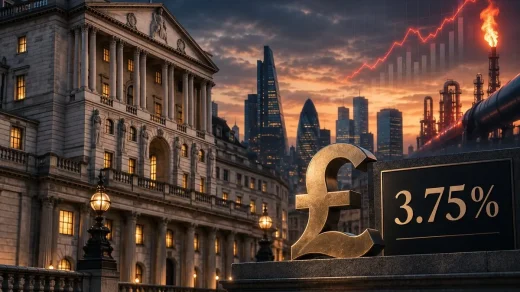 İngiltere Merkez Bankası binası önünde yüzde 3,75 faiz göstergesi