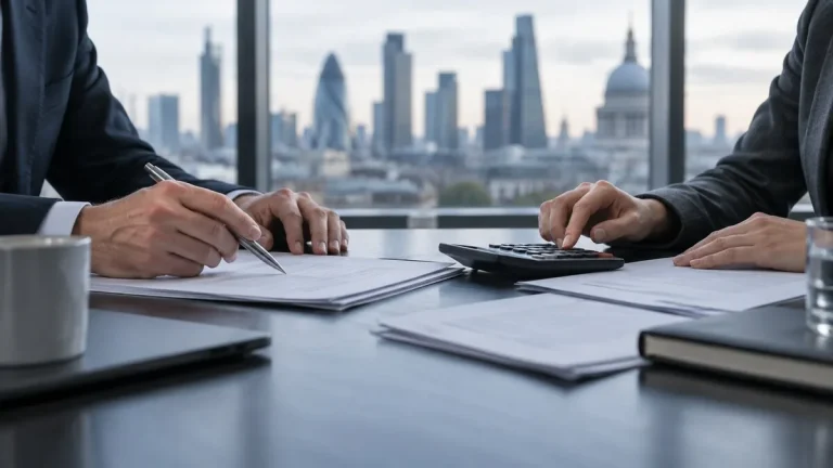 Londra ofisinde ücret artışlarını değerlendiren çalışanların elleri ve hesap makinesi