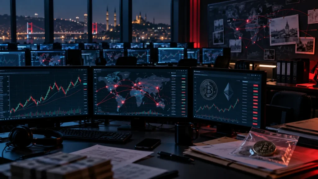 İsrail bağlantılı forex dolandırıcılığı operasyonunu temsil eden finans ve siber suç görseli
