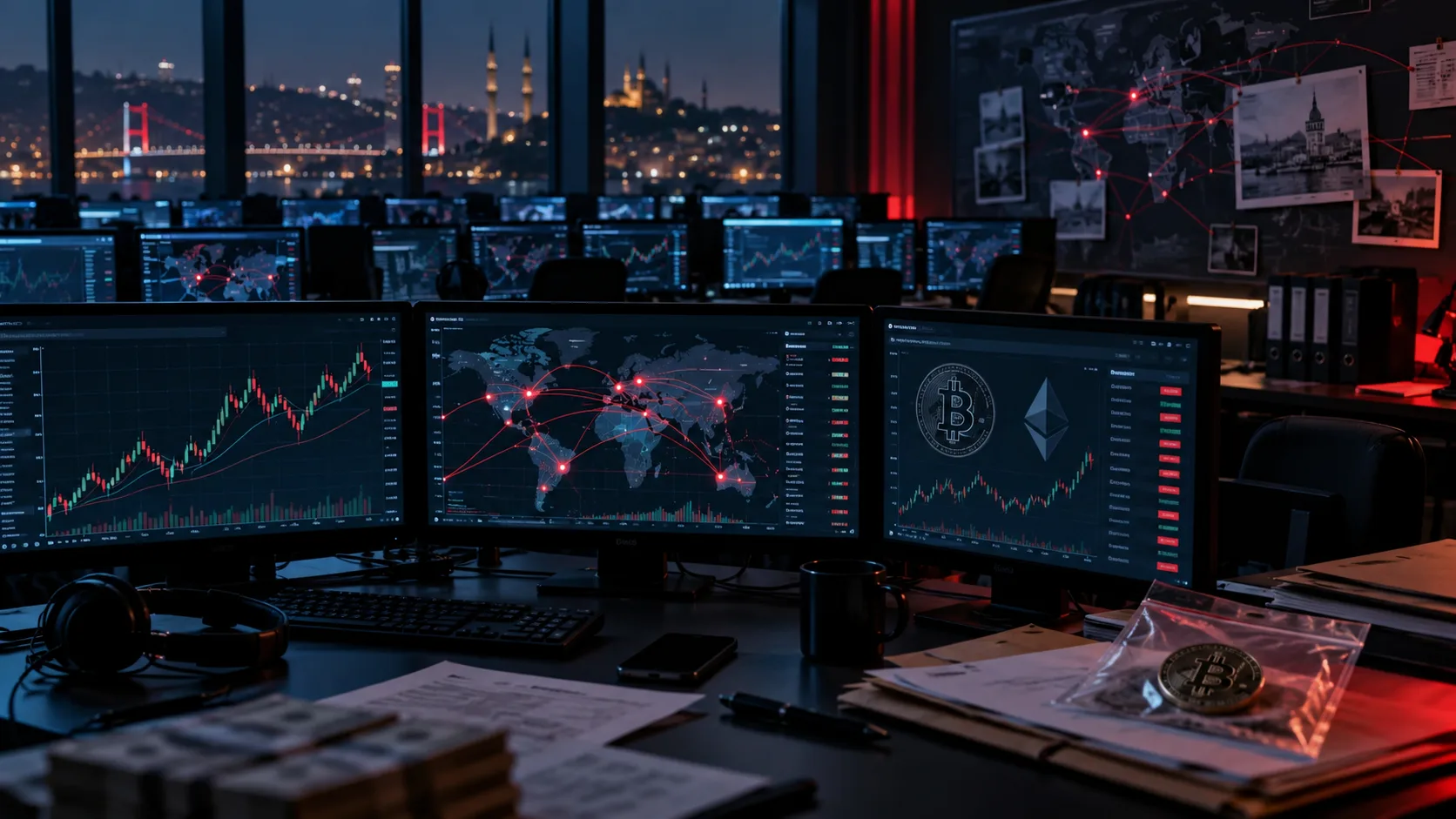 İsrail bağlantılı forex dolandırıcılığı operasyonunu temsil eden finans ve siber suç görseli