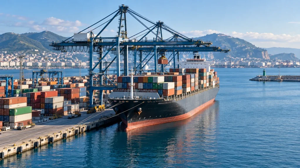 İtalya kıyısındaki ticaret limanında konteyner gemisi ve yükleme vinçleri