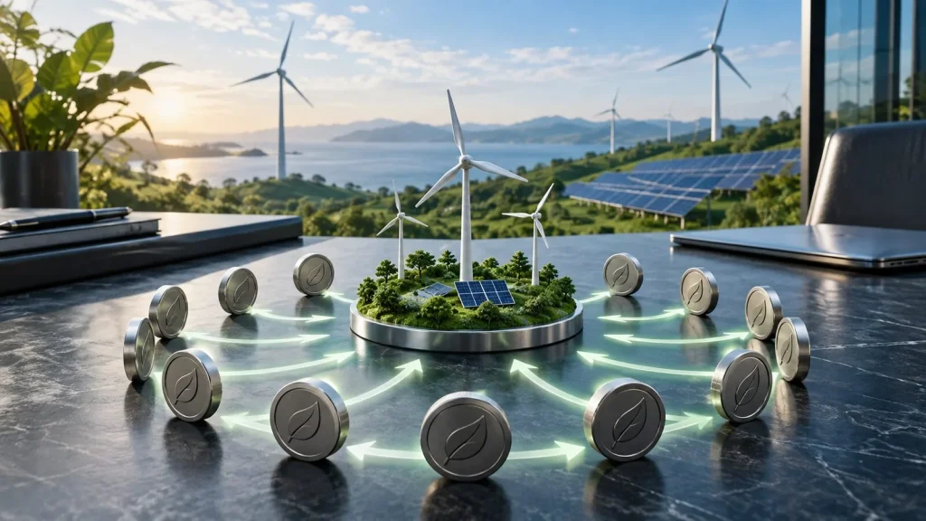 Yenilenebilir enerji tesisinin çevresinde geri dönen anonim pay simgeleri