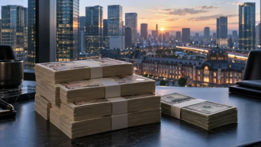 Tokyo finans bölgesinde Japon yeni banknotları ve döviz işlemlerini anlatan foto-gerçekçi piyasa görüntüsü