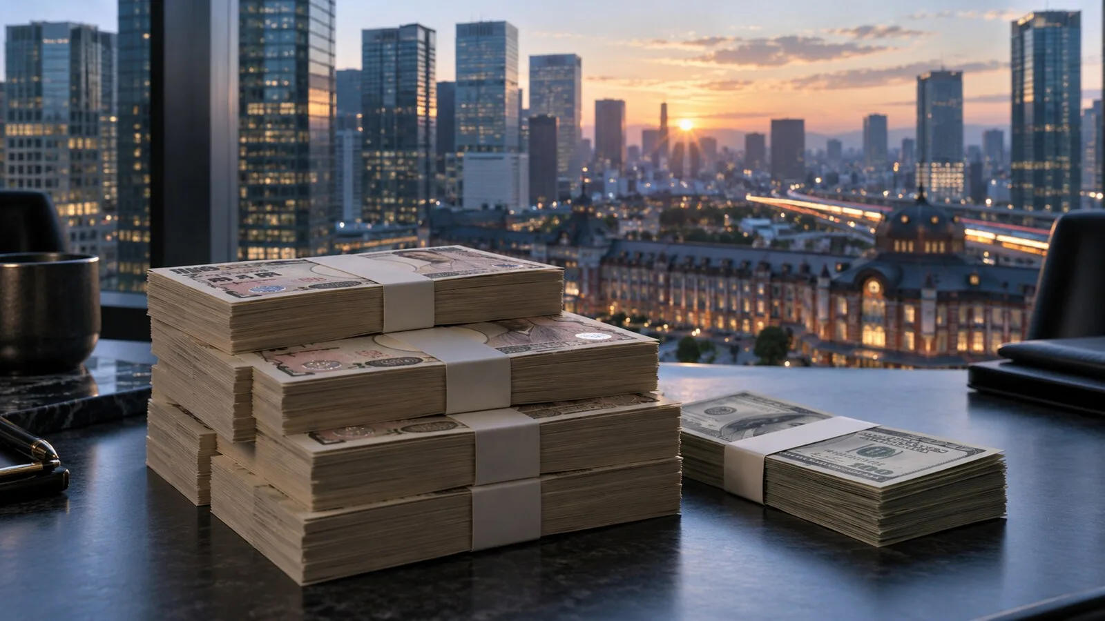 Tokyo finans bölgesinde Japon yeni banknotları ve döviz işlemlerini anlatan foto-gerçekçi piyasa görüntüsü