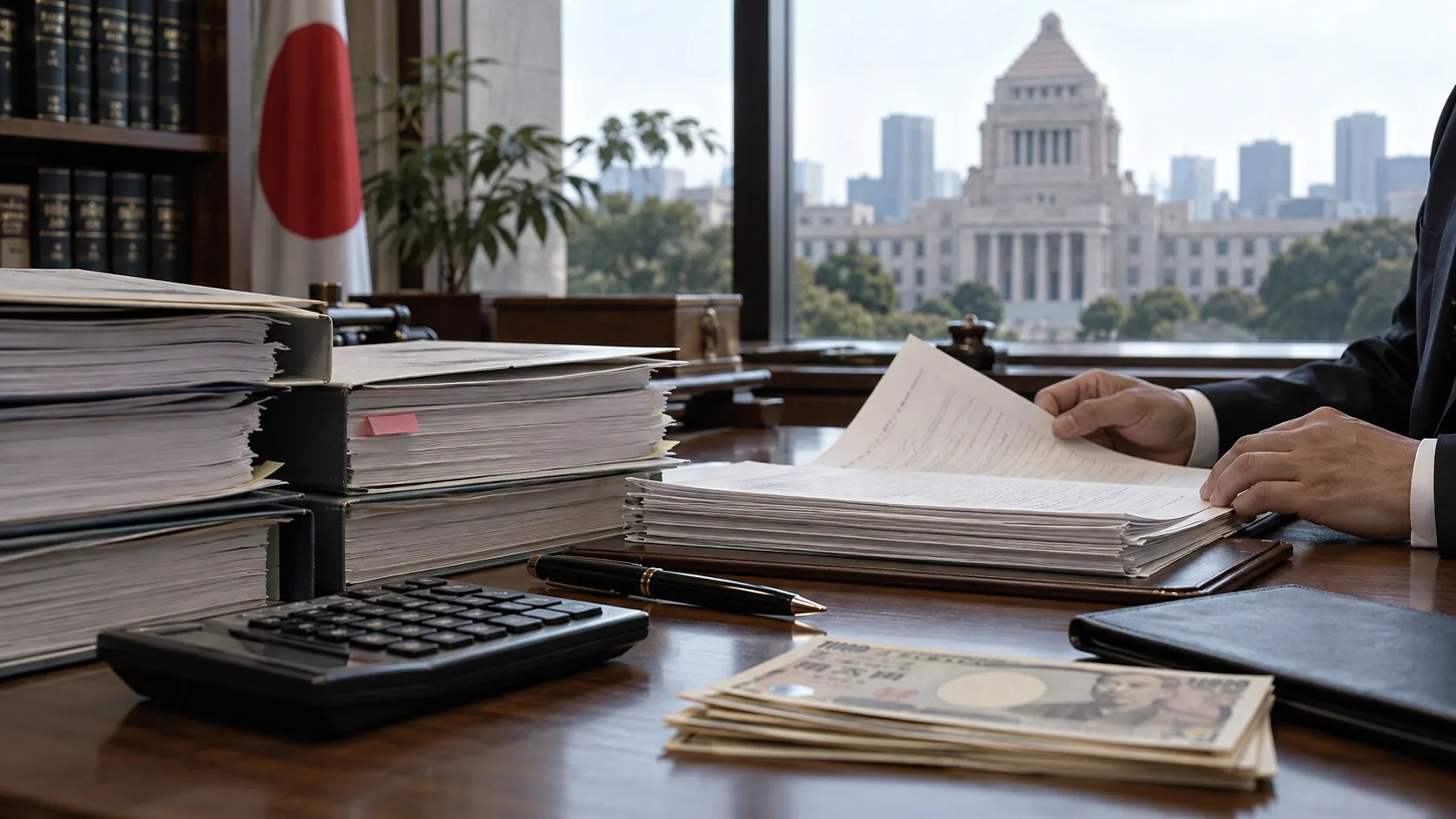 Japonya Ulusal Meclisi manzaralı ofiste bütçe dosyaları, hesap makinesi ve yen banknotları