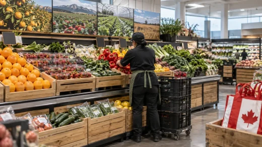 Kanada marketinde taze ürün raflarını düzenleyen çalışan ve meyve sebze kasaları