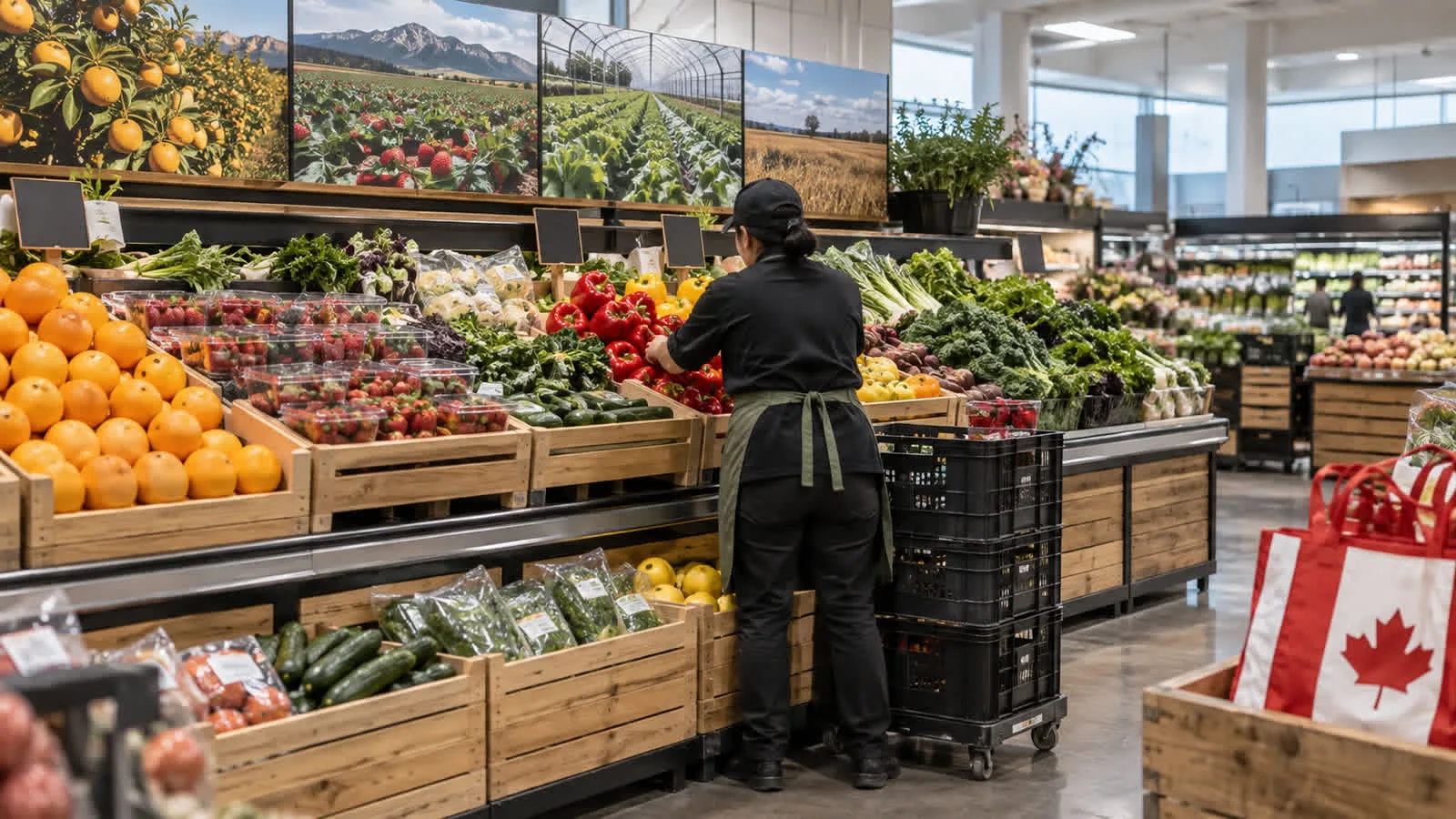 Kanada marketinde taze ürün raflarını düzenleyen çalışan ve meyve sebze kasaları