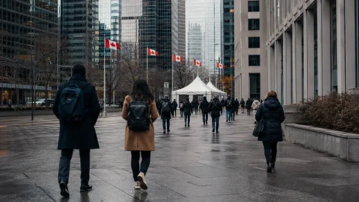 Toronto iş merkezinde işe giden çalışanlar ve Kanada bayrakları